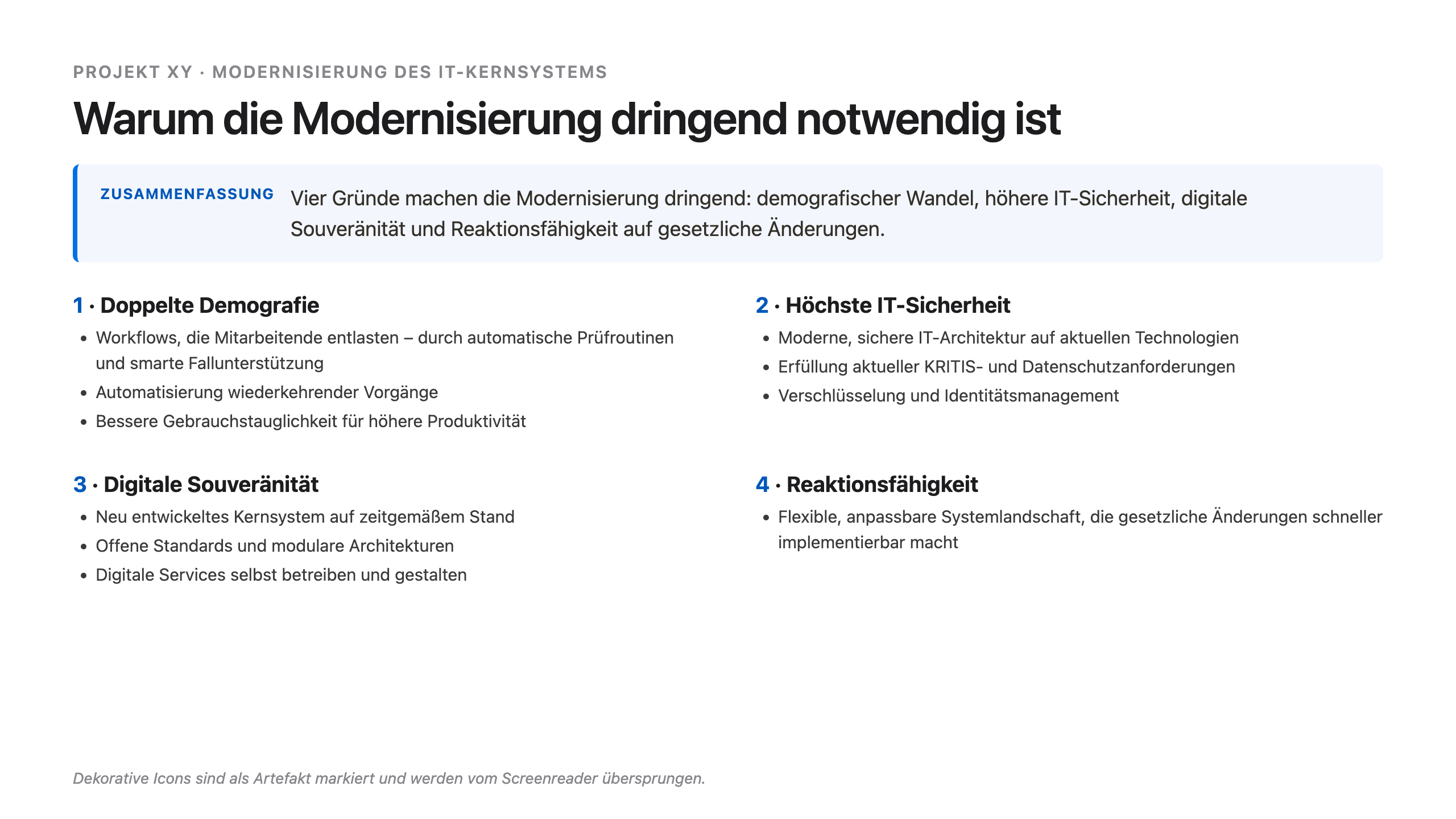 VoxDrop-Lesefassung desselben Inhalts: ein strukturiertes Dokument mit Titel, Zusammenfassung und vier Abschnitten als Überschriften mit Aufzählungen.
